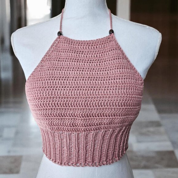 🌸 Handmade Crochet + Knit Rib Halter Top 🌸 - Picture 1 of 5